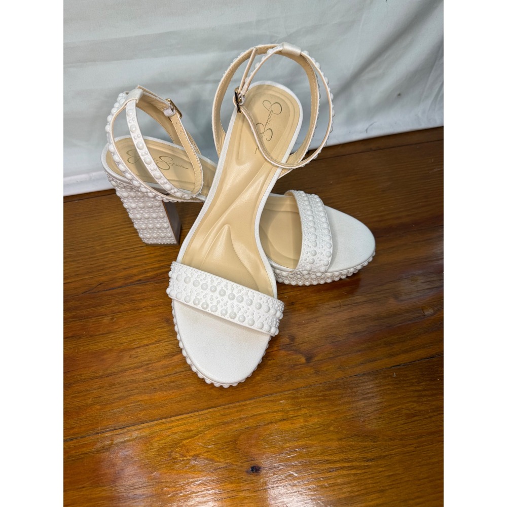 Jessica Simpson White Pearl Embellished Platform Block Heel Sandals Womens‎ 9M